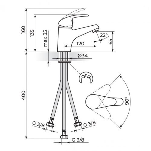 KING J301003 Baterija za lavabo - protočni bojler 3 cevi